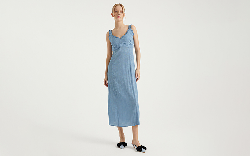 Mavi Firfir Seritli Midi Elbise